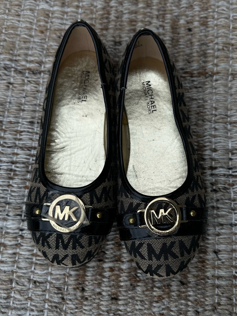 Michael Kors Brown & Black MK Logo Girls' Ballet Flats with Gold Emblem NWOT